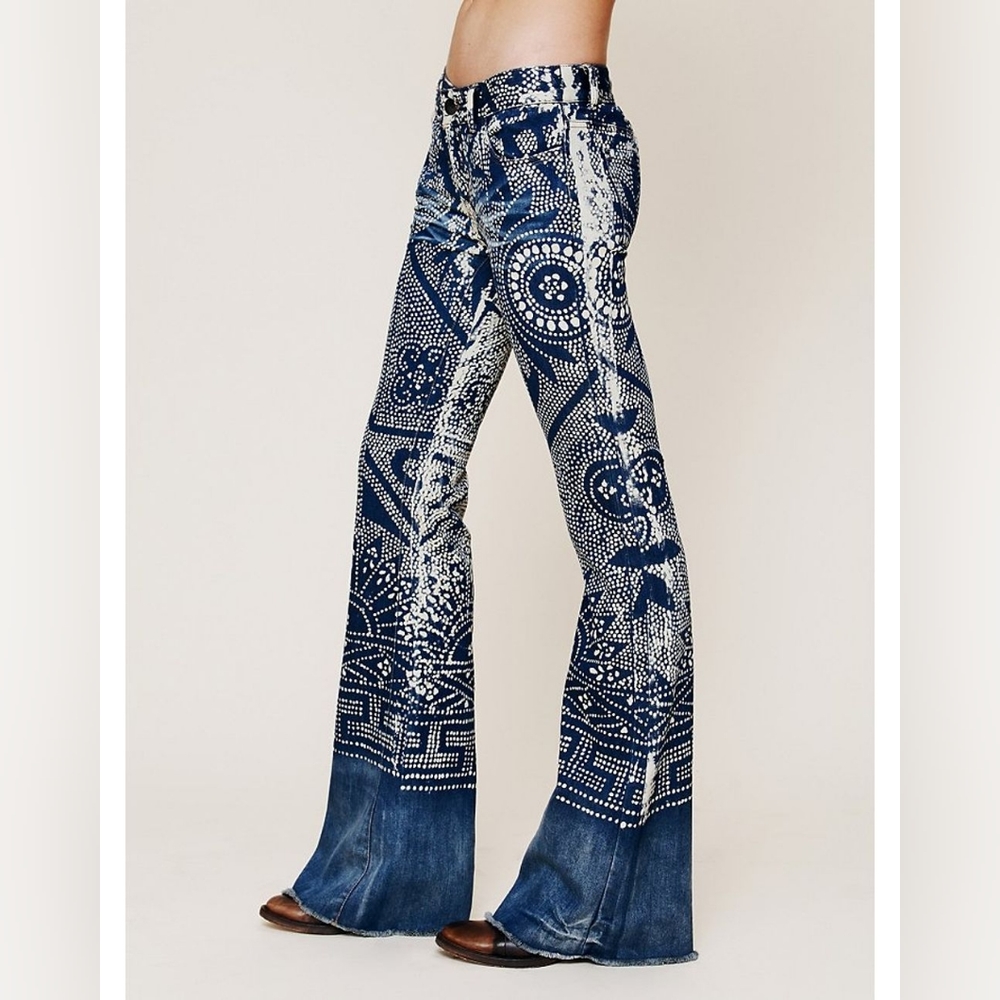 Free People Blue and White Flare Jeans